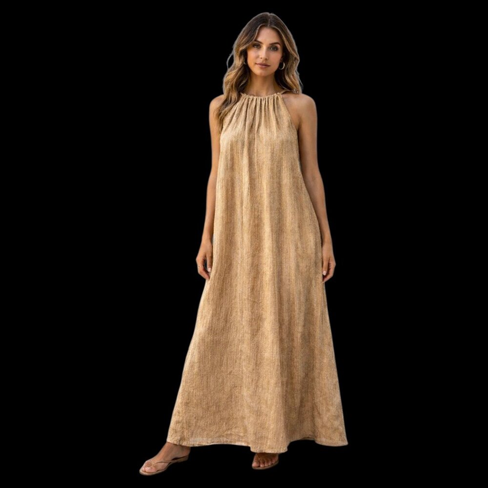 Exlura Women’s Champagne Gold Halter Maxi Dress with Slits, S